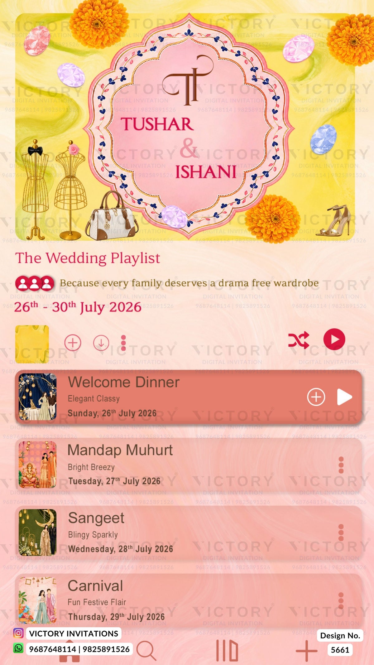 A digital wedding playlist cover design with a pink central frame reading 'TUSHAR & ISHANI' on a yellow floral background, plus playlist title 'The Wedding Playlist' and several event tiles below.