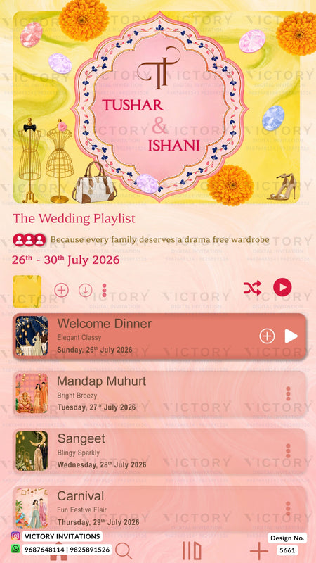 A digital wedding playlist cover design with a pink central frame reading 'TUSHAR & ISHANI' on a yellow floral background, plus playlist title 'The Wedding Playlist' and several event tiles below.