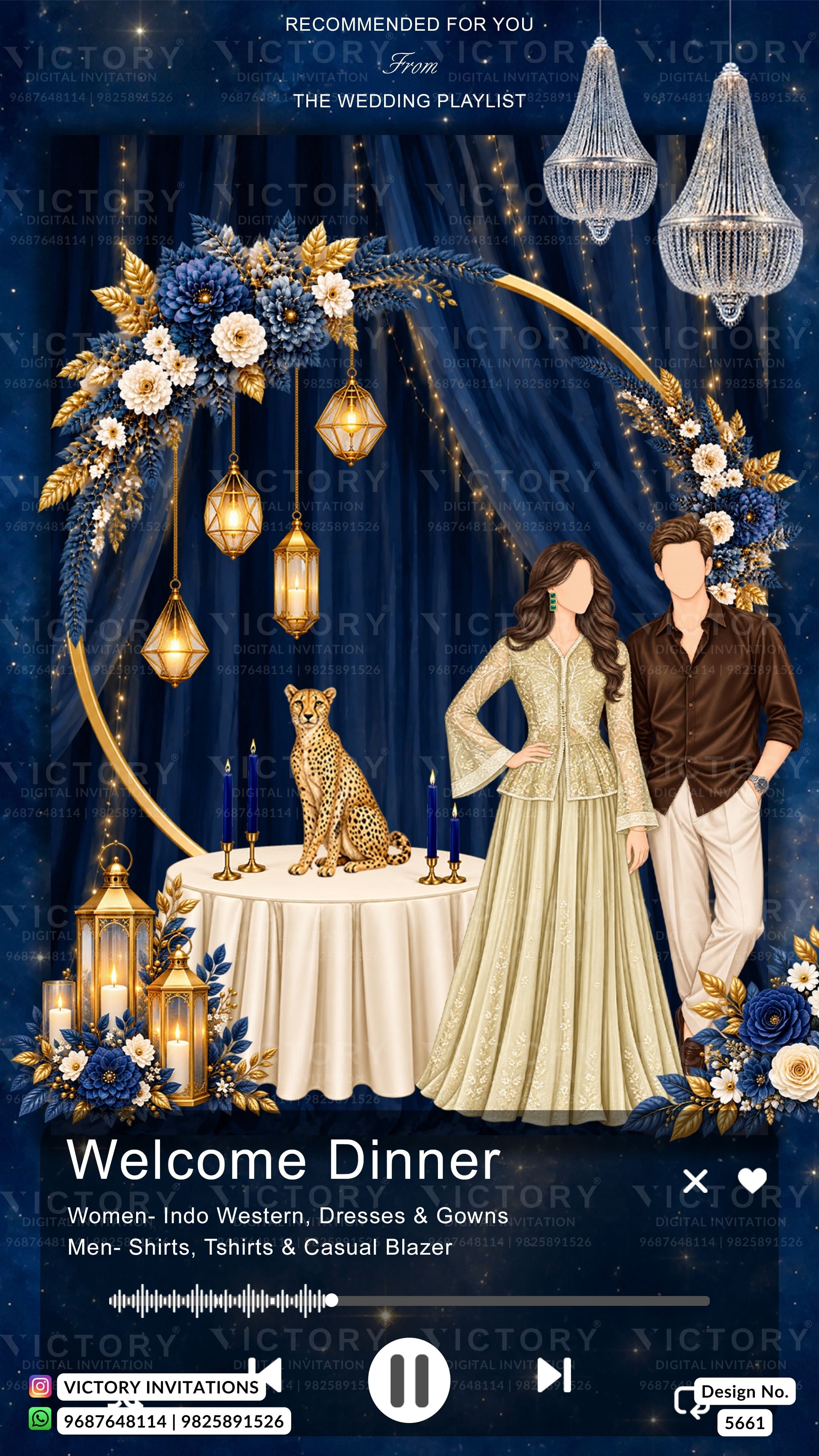 A digital wedding invitation design template for a 'Welcome Dinner' featuring a golden arch decorated with blue and white flowers, hanging lanterns, and chandeliers against a dark blue velvet curtain background. A bride in a cream gown and a groom in a brown blazer stand beside a table with a gold cat figurine.
