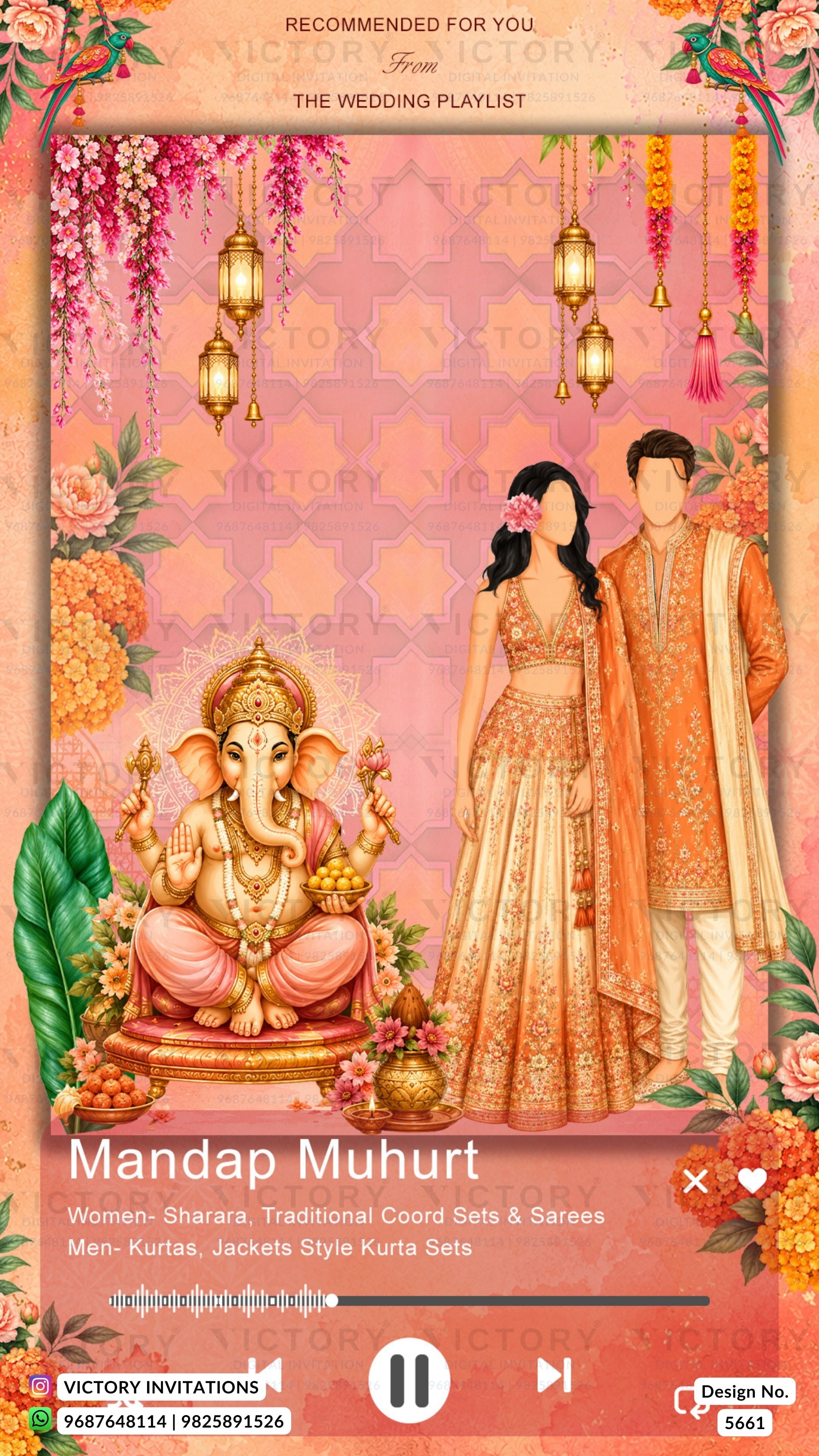 A digital invitation template for a Mandap Muhur wedding, featuring traditional Indian elements. The design includes an illustration of Lord Ganesha seated on a lotus, a bride and groom in traditional wedding attire, hanging lanterns, and floral decorations on a pink patterned background.