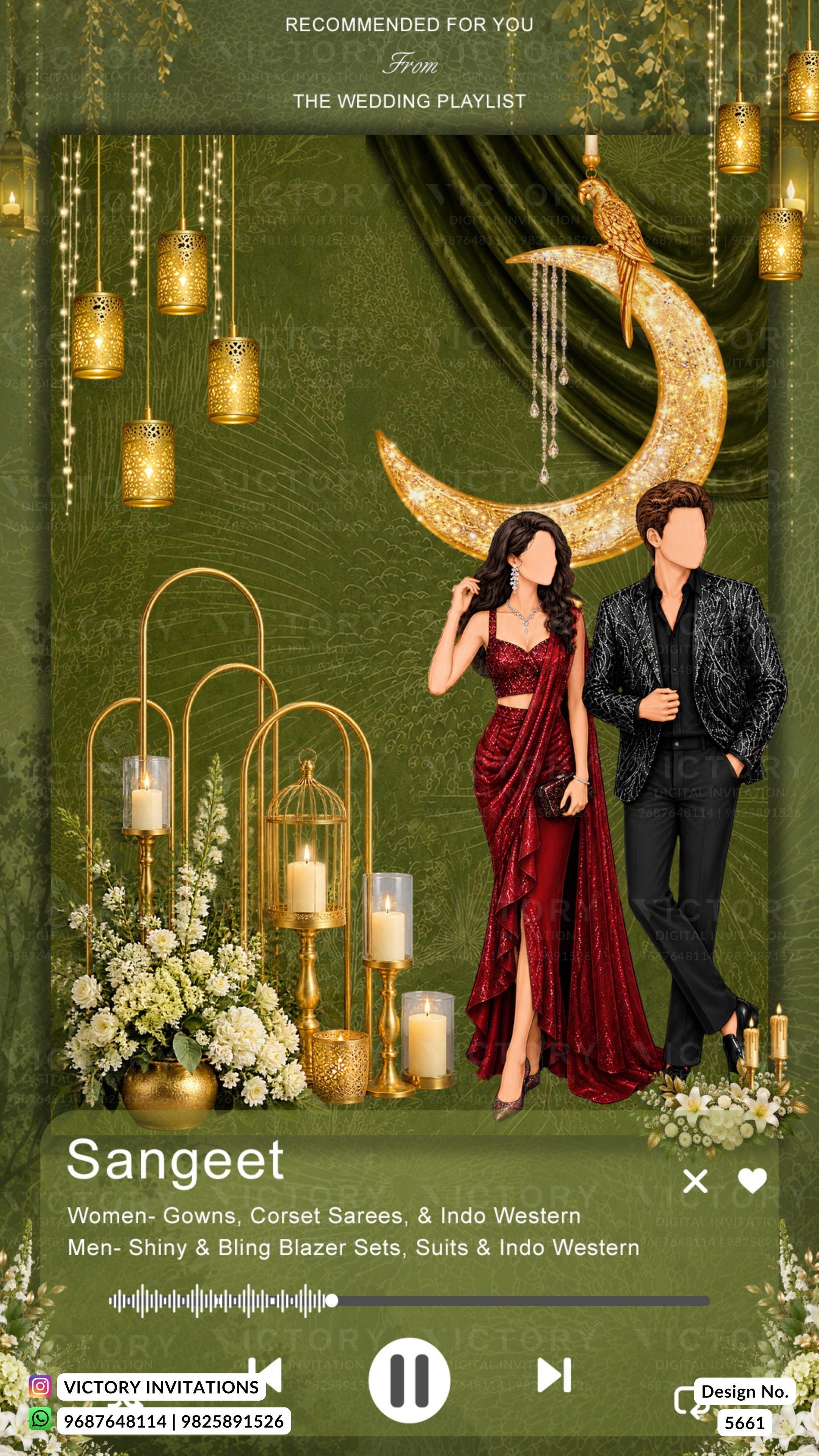 A digital preview of a wedding invitation template named 'Sangeet', featuring a green and gold theme with an illustration of a woman in a red gown and a man in a black suit, surrounded by hanging gold lanterns and floral arrangements.