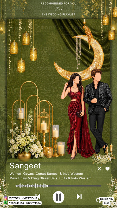 A digital preview of a wedding invitation template named 'Sangeet', featuring a green and gold theme with an illustration of a woman in a red gown and a man in a black suit, surrounded by hanging gold lanterns and floral arrangements.