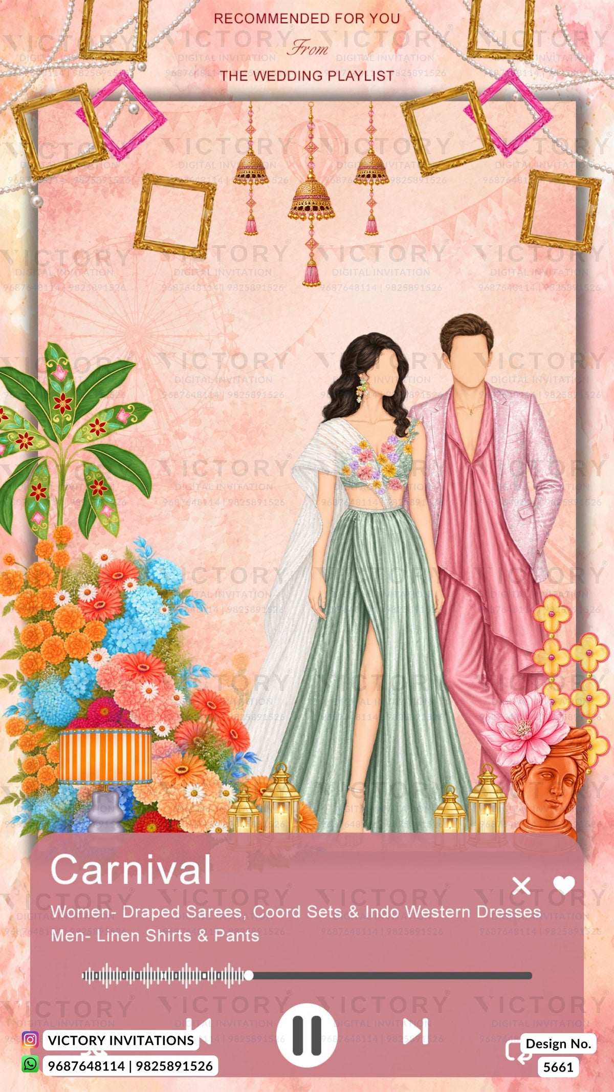 A digital invitation design template for a carnival-themed wedding playlist, featuring a pink background with hanging lanterns, floral decorations, and an illustration of a bride and groom in traditional and western wedding attire.