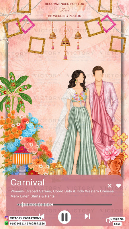 A digital invitation design template for a carnival-themed wedding playlist, featuring a pink background with hanging lanterns, floral decorations, and an illustration of a bride and groom in traditional and western wedding attire.