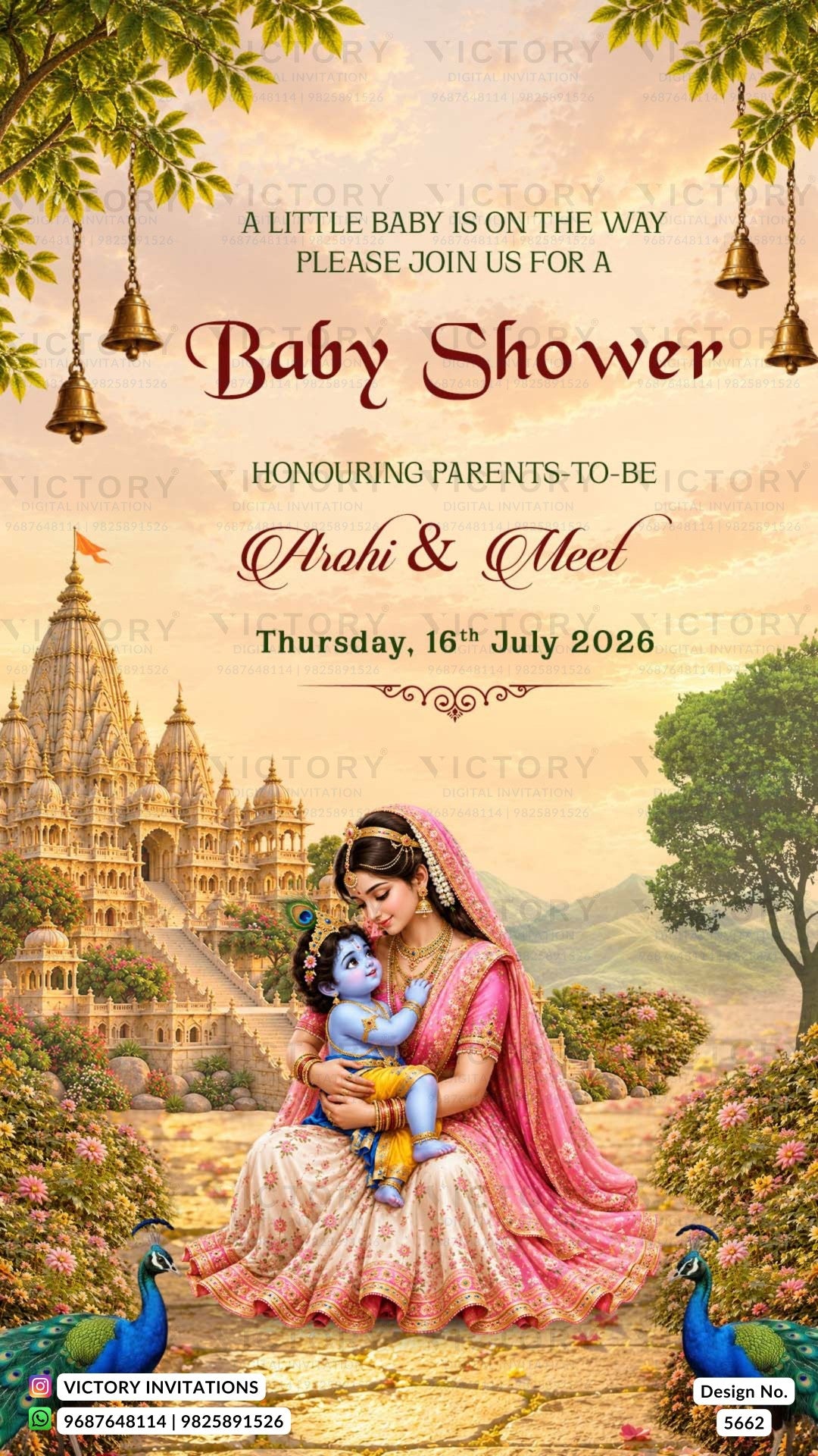 A decorative baby shower invitation card with a Hindu theme, featuring a mother holding a baby in front of a temple, hanging bells, peacocks, and text inviting guests to the event on July 16th, 2026.
