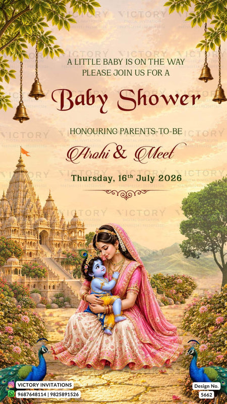 A decorative baby shower invitation card with a Hindu theme, featuring a mother holding a baby in front of a temple, hanging bells, peacocks, and text inviting guests to the event on July 16th, 2026.