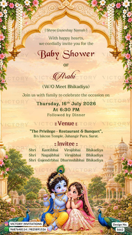 A decorative baby shower invitation card with a cream and gold ornate arch at the top, floral borders, and a painted illustration of a blue-skinned baby boy and a pink-clad baby girl with peacocks and a palace at the bottom. Text details the event, venue, date, time, and guest list.