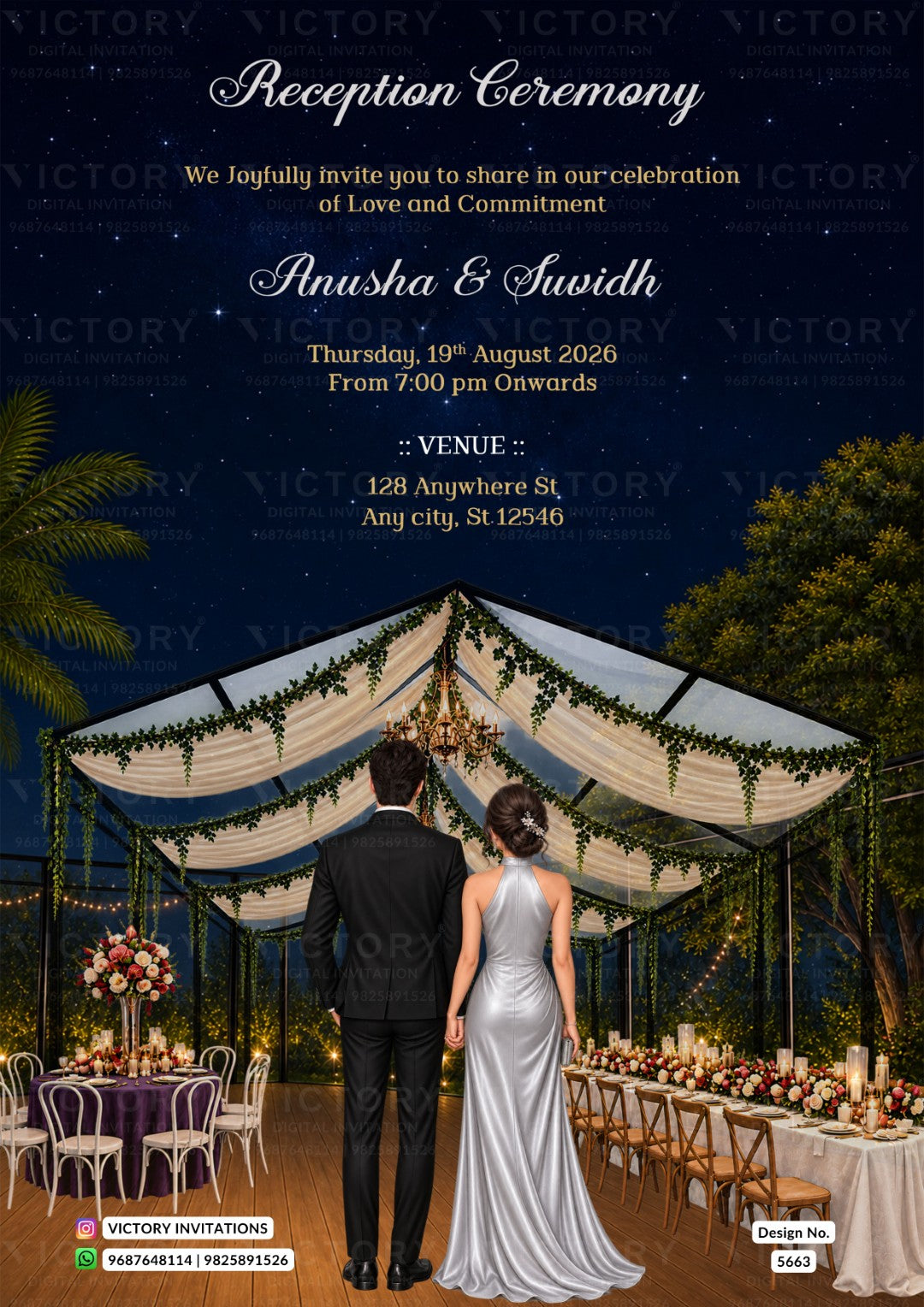 Custom reception ceremony invitation template featuring a romantic outdoor mandara tent scene at night under a starry sky. The design includes elegant white script text for 'Reception Ceremony' and names 'Anusha & Swith', along with event details.
