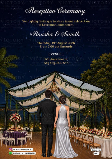 Custom reception ceremony invitation template featuring a romantic outdoor mandara tent scene at night under a starry sky. The design includes elegant white script text for 'Reception Ceremony' and names 'Anusha & Swith', along with event details.