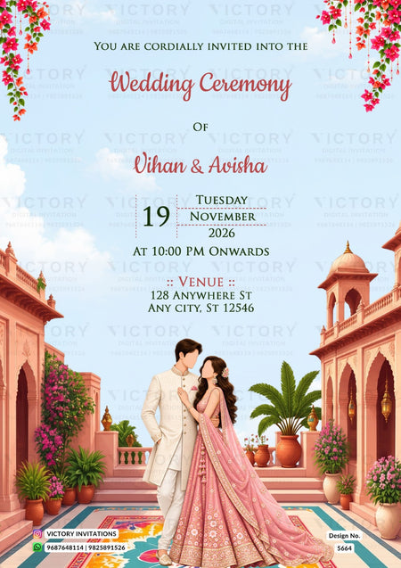 A digital Indian wedding invitation card featuring a romantic illustration of a couple in traditional attire under a blue sky, framed by pink floral borders and arches. The text details the wedding of Vihan & Avisha on Tuesday, November 19, 2026, at 10:00 PM at the venue 128 Anywhere St, Any City, ST 12546.