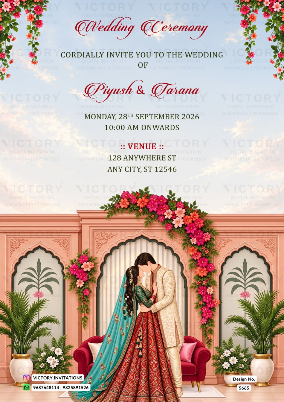 A wedding invitation card design with a traditional Indian theme. The top half features elegant red and black text on a light blue sky background with clouds, decorated with hanging pink flowers.