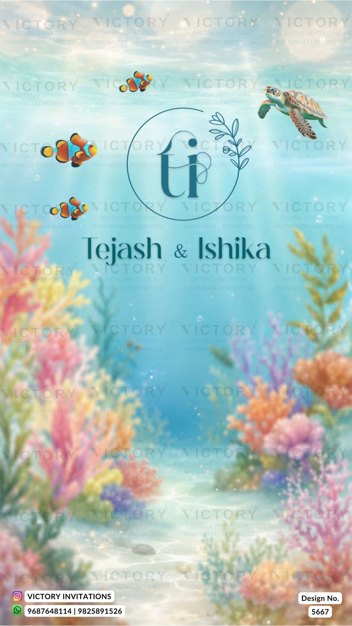 Custom underwater-themed wedding invitation card featuring a tropical ocean scene with coral reefs, tropical fish, a sea turtle, and the names 'Tejash & Ishika' under a circular 'ti' monogram.