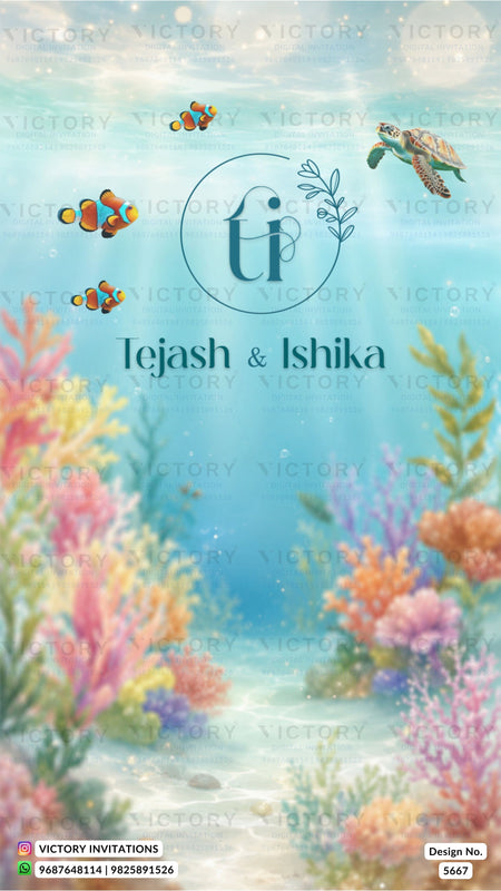 Custom underwater-themed wedding invitation card featuring a tropical ocean scene with coral reefs, tropical fish, a sea turtle, and the names 'Tejash & Ishika' under a circular 'ti' monogram.