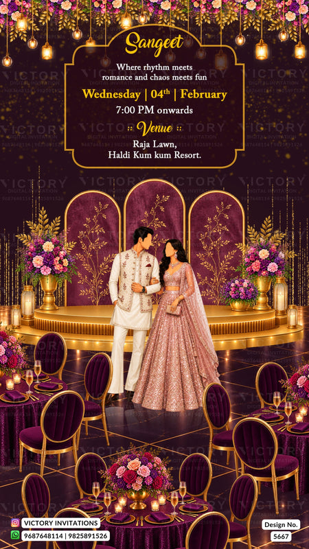 A digital invitation card for a wedding, featuring a couple in traditional Indian attire standing on a decorated stage. The design has a dark purple and gold theme with floral arrangements, hanging lights, and tables with purple chairs.