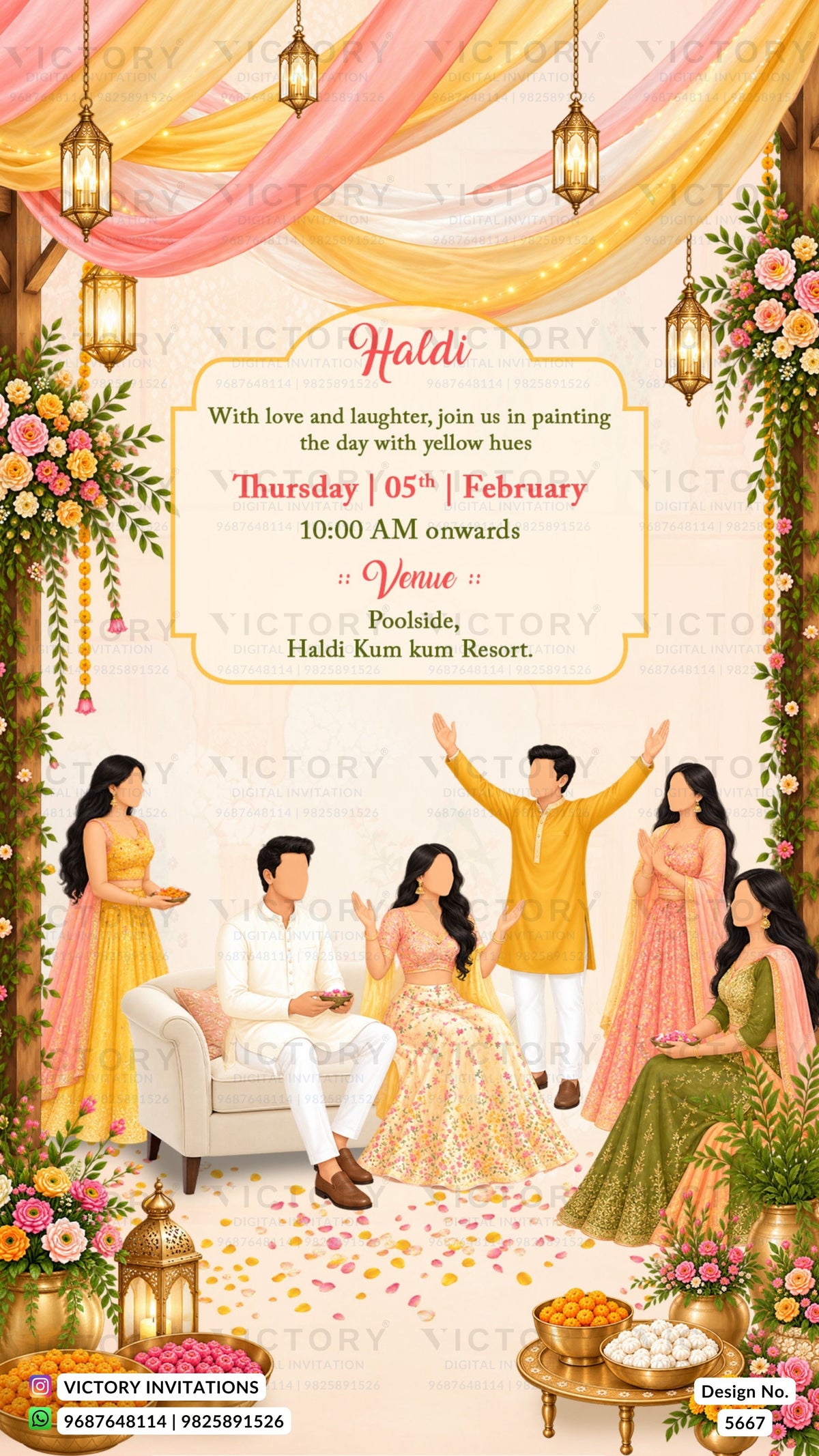A festive Haldi invitation card design with illustrated people in traditional Indian attire, decorated with draped pink and yellow fabric, hanging lanterns, flowers, and a cream background. The central text box reads event details for a Haldi celebration at Haldi Kum kum Resort.