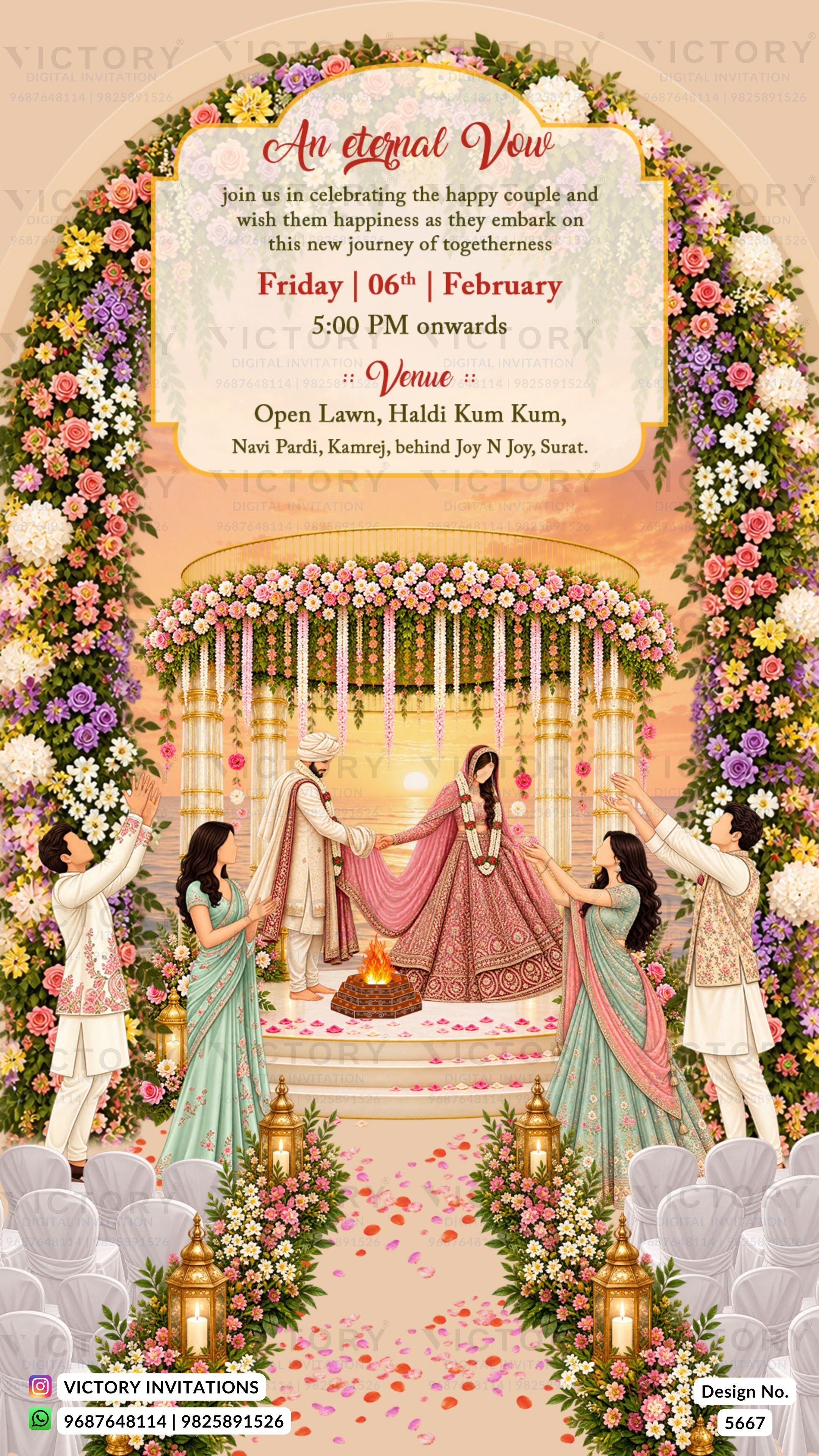 A digital Indian wedding invitation card design featuring a traditional ceremonial scene with a bride, groom, and guests under a floral arch, with event details written in an elegant font at the top.