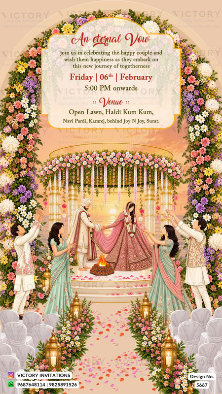 A digital Indian wedding invitation card design featuring a traditional ceremonial scene with a bride, groom, and guests under a floral arch, with event details written in an elegant font at the top.