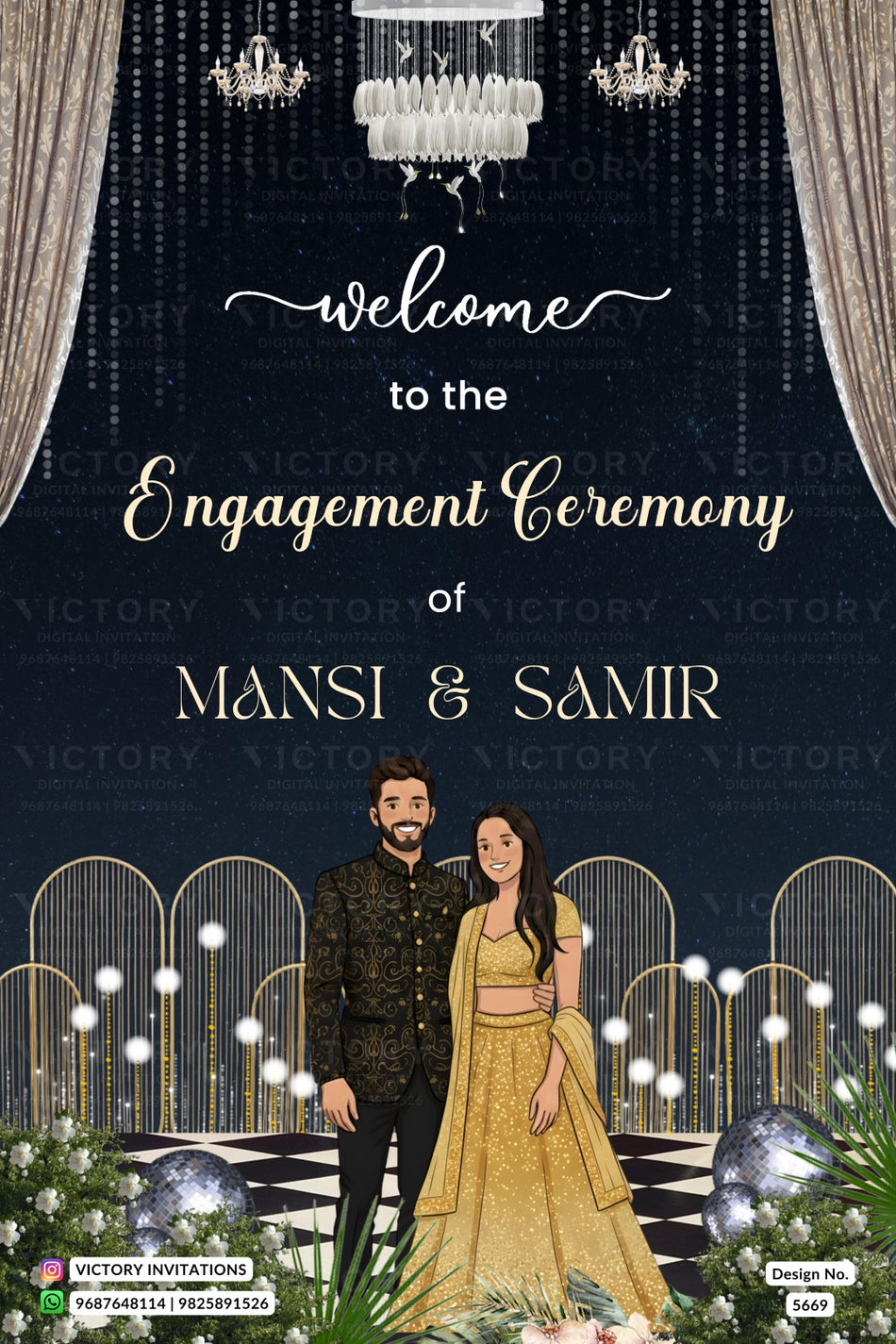 Engagement ceremony invitation card in english language with Glam Midnight Disco & Metallic Gold Engagement  theme design 5669