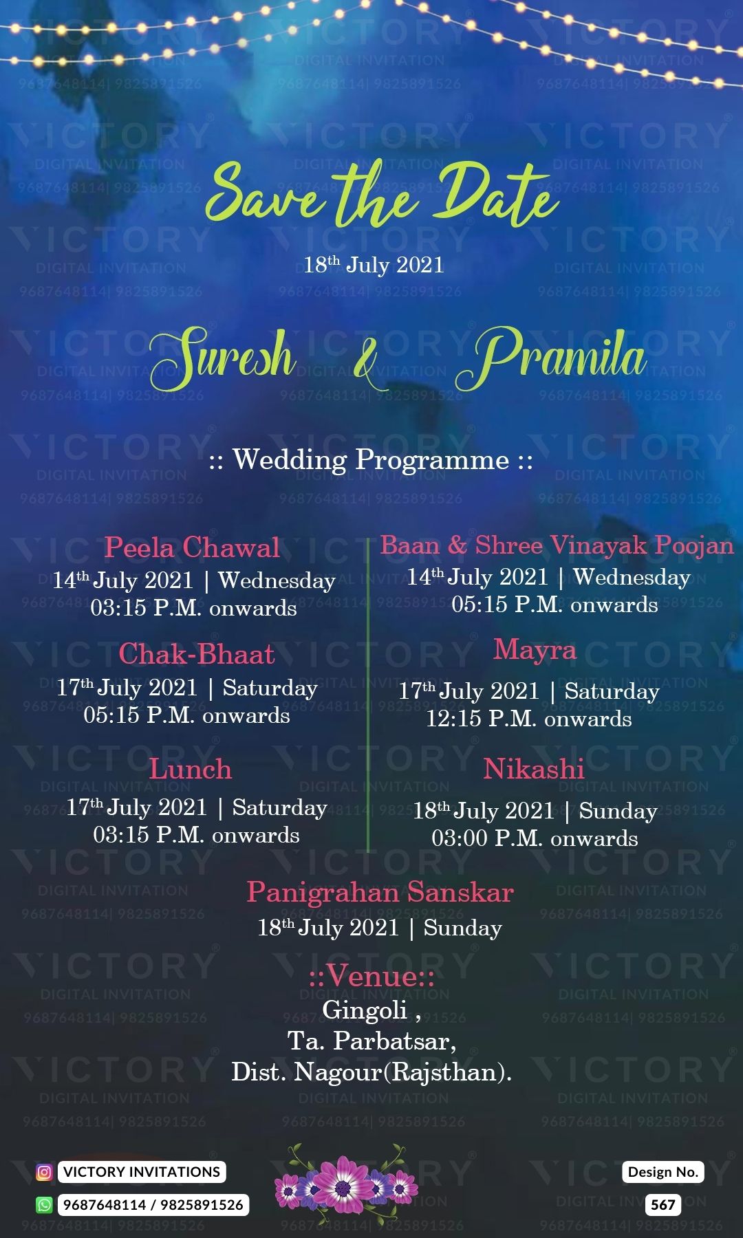 Wedding ceremony invitation card of hindu rajasthani rajput family in english language with Shining theme design 567