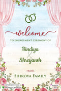 Engagement ceremony invitation card in english language with Blush Pink Draped Curtains & Floral Engagement Standee theme design 5670