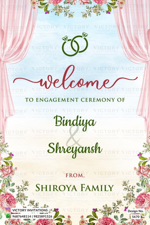 Engagement party invitation card design with pink curtains, floral borders, and green rings at the top, with text reading 'Welcome to engagement ceremony of Bindiya & Shreyansh from Shiroya Family' and 'Victory Invitations' branding.
