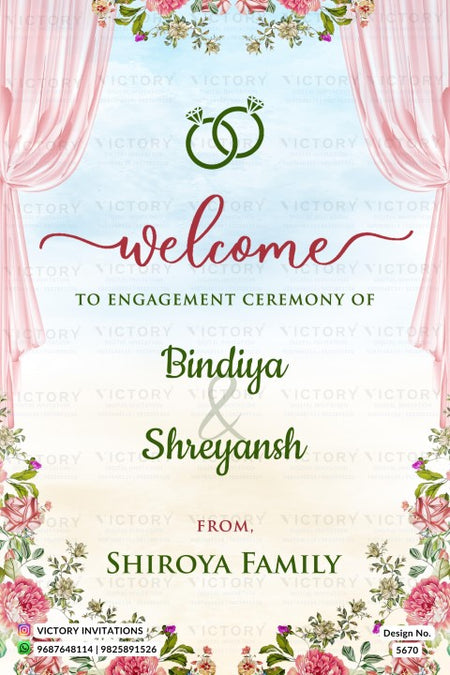 Engagement party invitation card design with pink curtains, floral borders, and green rings at the top, with text reading 'Welcome to engagement ceremony of Bindiya & Shreyansh from Shiroya Family' and 'Victory Invitations' branding.