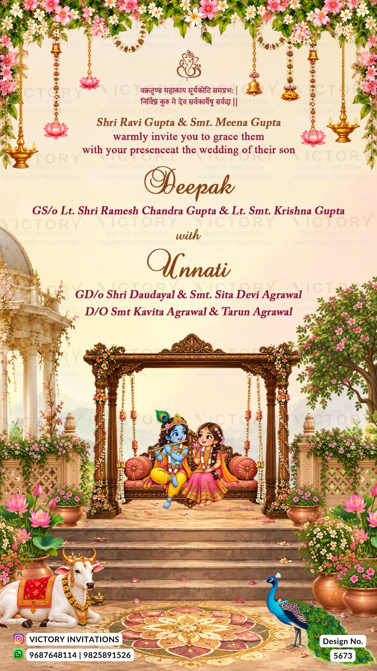 A festive wedding invitation card featuring an ornate traditional Indian wedding scene with a decorated wedding canopy, bride and groom, flowers, hanging lamps, a peacock, and a white horse. The text is written in English and Devanagari script on a warm cream background, with the Victory Invitations logo at the bottom left.
