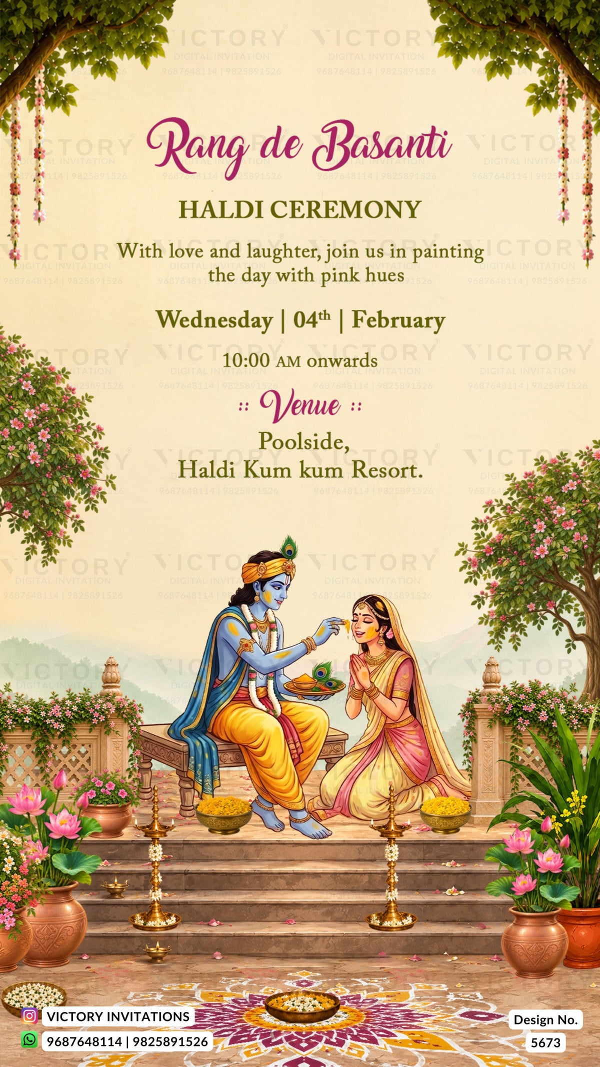 A festive Rang de Basanti / Haldi Ceremony invitation card from Victory Invitations, featuring a traditional Indian illustration of Lord Krishna and a woman painting on a poolside wall, with event details written in elegant typography.