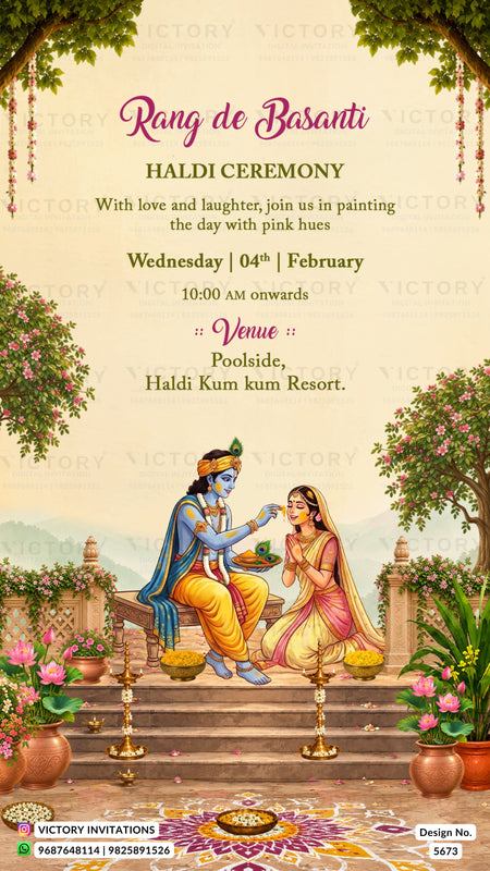 A festive Rang de Basanti / Haldi Ceremony invitation card from Victory Invitations, featuring a traditional Indian illustration of Lord Krishna and a woman painting on a poolside wall, with event details written in elegant typography.