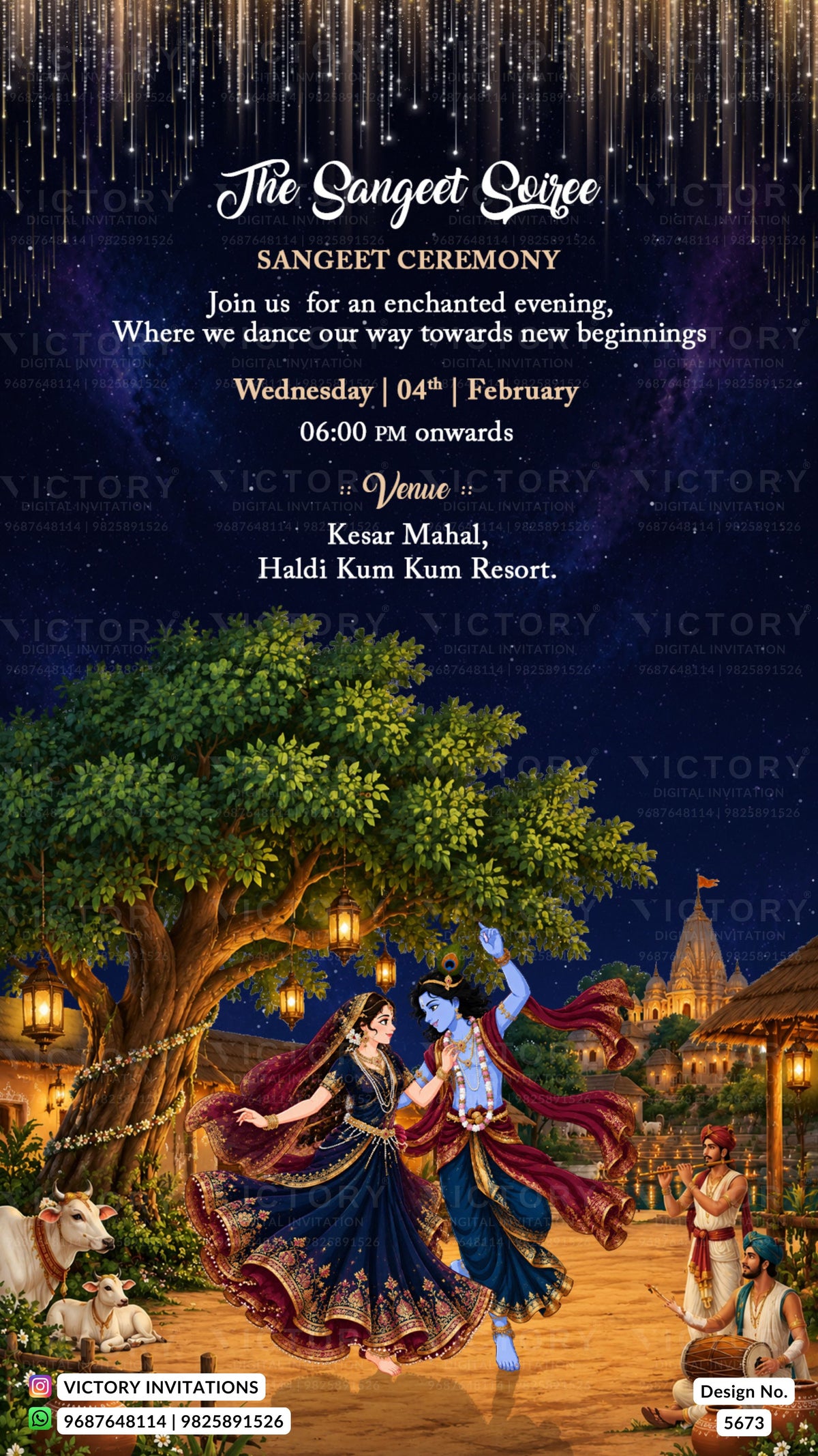 A digital invitation card for a Sangeet Ceremony, featuring a dark blue starry night sky background with a traditional Indian illustration of a dancing couple under a tree, and event details written in white text.