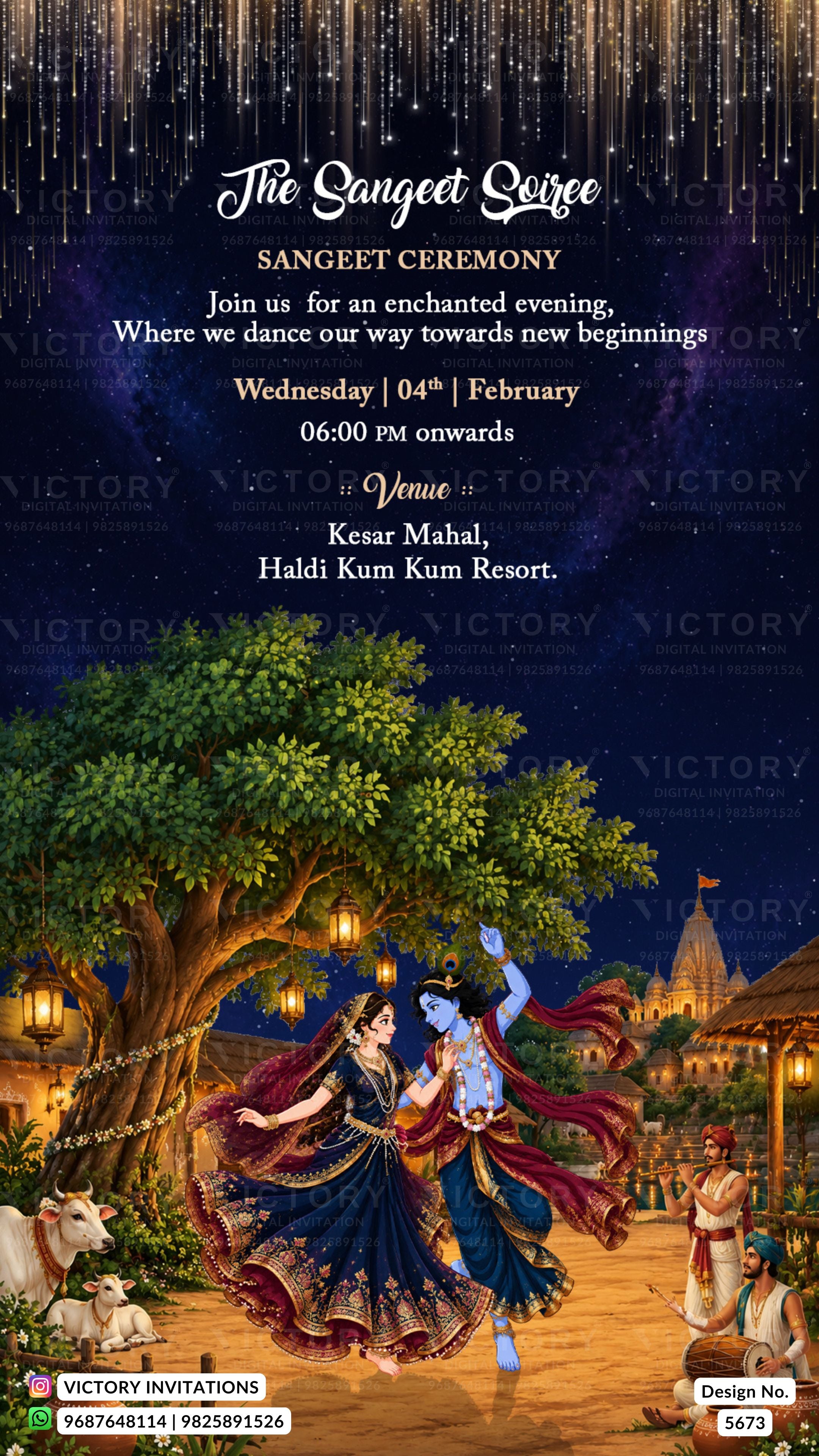 A digital invitation card for a Sangeet Ceremony, featuring a dark blue starry night sky background with a traditional Indian illustration of a dancing couple under a tree, and event details written in white text.