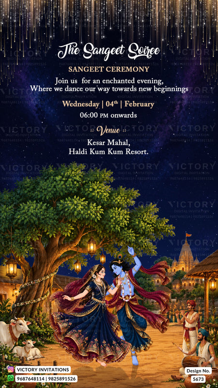 A digital invitation card for a Sangeet Ceremony, featuring a dark blue starry night sky background with a traditional Indian illustration of a dancing couple under a tree, and event details written in white text.