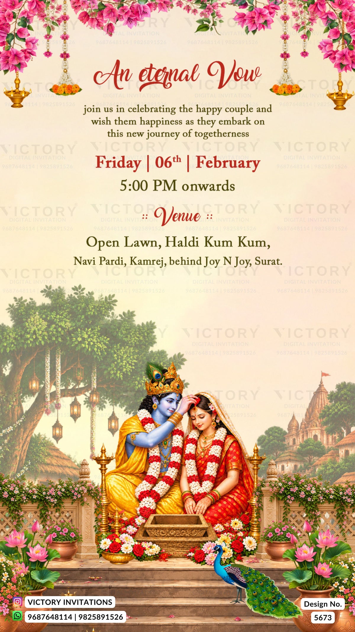 A festive Hindu wedding invitation card featuring a traditional illustration of Lord Krishna and Sita on a stone throne, with pink flowers, hanging ornaments, and event details printed above on a soft beige background. The card includes 'VICTORY INVITATIONS' watermarks and design footer details.
