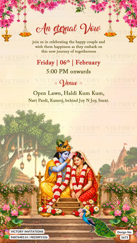 A festive Hindu wedding invitation card featuring a traditional illustration of Lord Krishna and Sita on a stone throne, with pink flowers, hanging ornaments, and event details printed above on a soft beige background. The card includes 'VICTORY INVITATIONS' watermarks and design footer details.