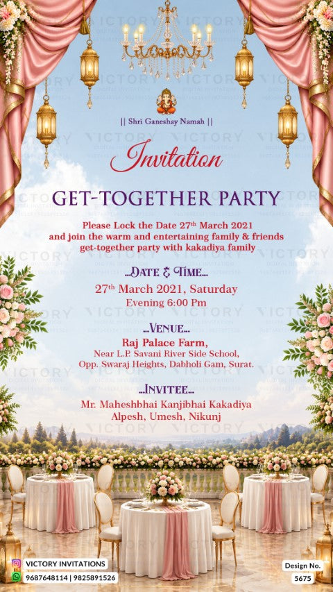 A digital invitation card design for a get-together party, featuring a decorative pink and gold event scene with hanging lanterns, floral arrangements, and a sky background. The text reads 'Invitation Get-Together Party' with event details including date, time, venue, and invitation information.