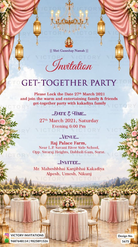 A digital invitation card design for a get-together party, featuring a decorative pink and gold event scene with hanging lanterns, floral arrangements, and a sky background. The text reads 'Invitation Get-Together Party' with event details including date, time, venue, and invitation information.