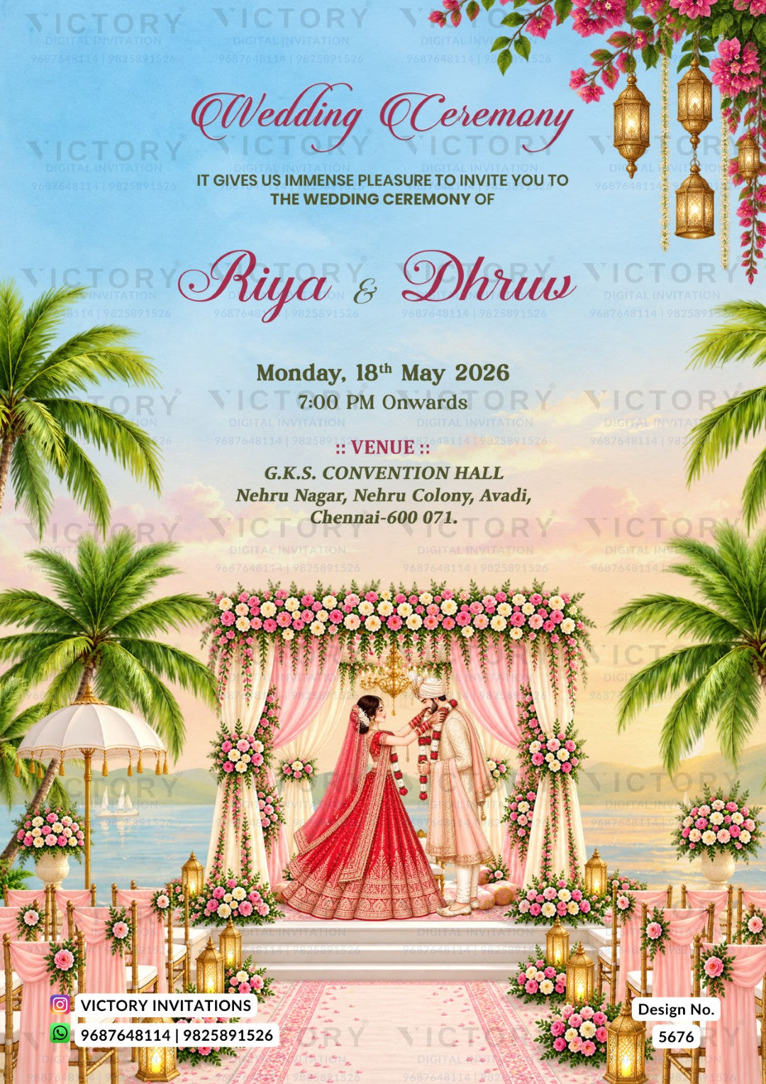 A tropical-themed wedding invitation card featuring a bride and groom under a floral arch, with palm trees, hanging lanterns, and a sunset sky. The text details the wedding ceremony for Riya & Dhruw on Monday, 18th May 2026 at 7:00 PM onwards, at G.