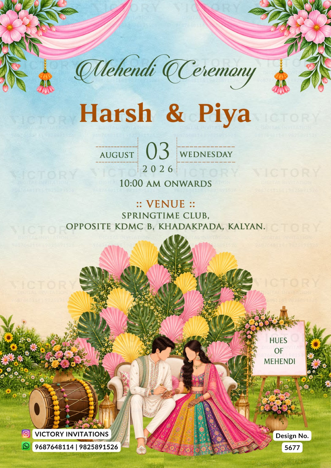 A colorful Mehndi ceremony invitation card featuring pink draped fabric, floral borders, and an illustrated scene of a couple seated in front of a decorated backdrop with pink and yellow lotus flowers, green leaves, and traditional attire. Text includes the names Harsh & Piya, date August 03 Wednesday 2026, venue details, and Victory Invitations branding.
