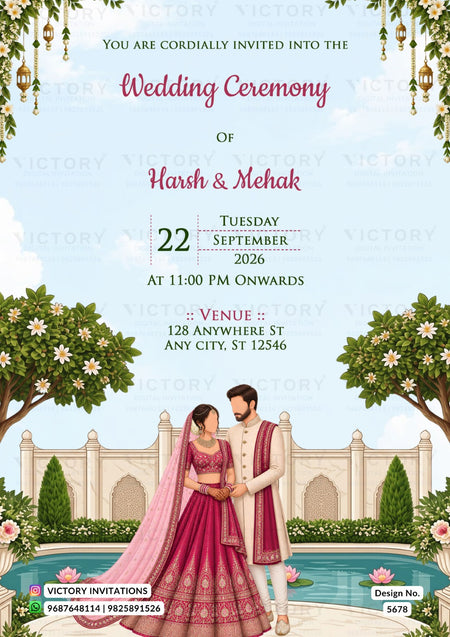 A digital wedding invitation card featuring an illustration of a bride and groom standing by a pool, with a light blue sky background, hanging lanterns, and floral details. The text details the wedding ceremony of Harsh & Mehak on 22nd September 2026 at 11:00 PM at a venue in Anywhere St, Any City, 123456.