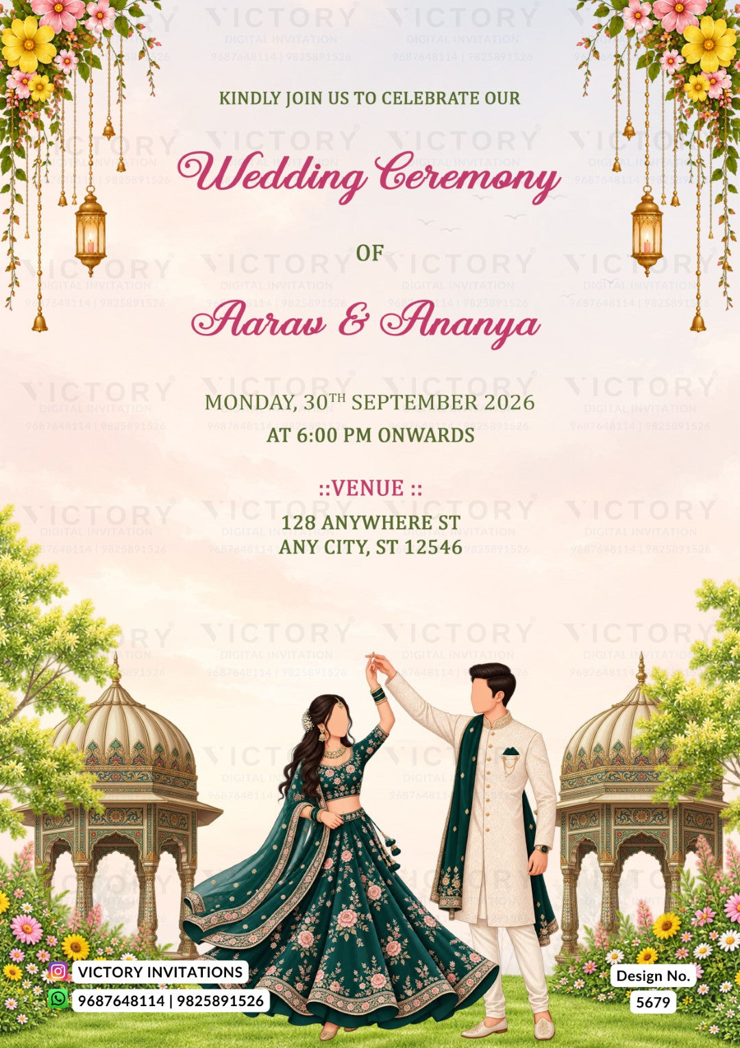 A wedding invitation card design with floral hanging decorations, domed pavilion illustrations, and an illustration of a bride in a green embroidered dress and a groom in a cream kurta. The text reads 'Wedding Ceremony of Aarav & Ananya' with event details below.