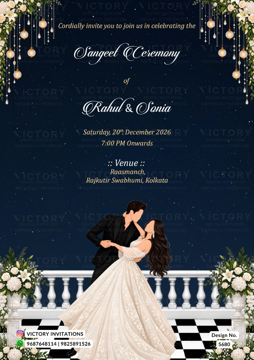 A digital invitation card for a Sangeel Ceremony of Rahul & Sonia, featuring a navy blue starry sky background, elegant white text, and an illustration of a bride in a white lace wedding gown and groom in a black suit embracing on a balcony with white flowers and hanging gold lights.