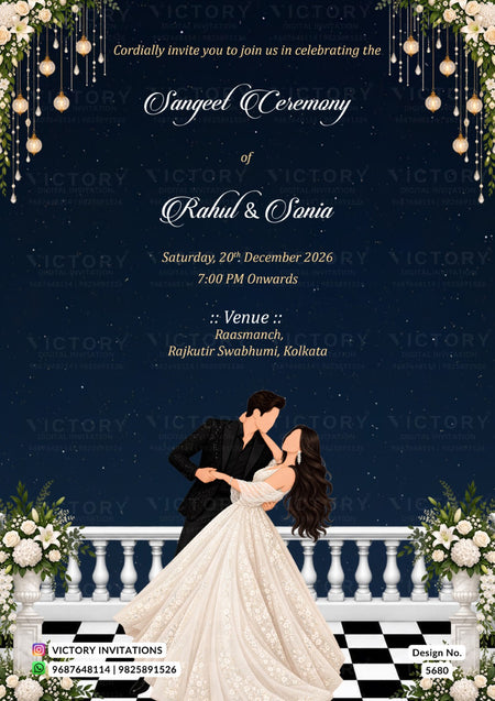 A digital invitation card for a Sangeel Ceremony of Rahul & Sonia, featuring a navy blue starry sky background, elegant white text, and an illustration of a bride in a white lace wedding gown and groom in a black suit embracing on a balcony with white flowers and hanging gold lights.
