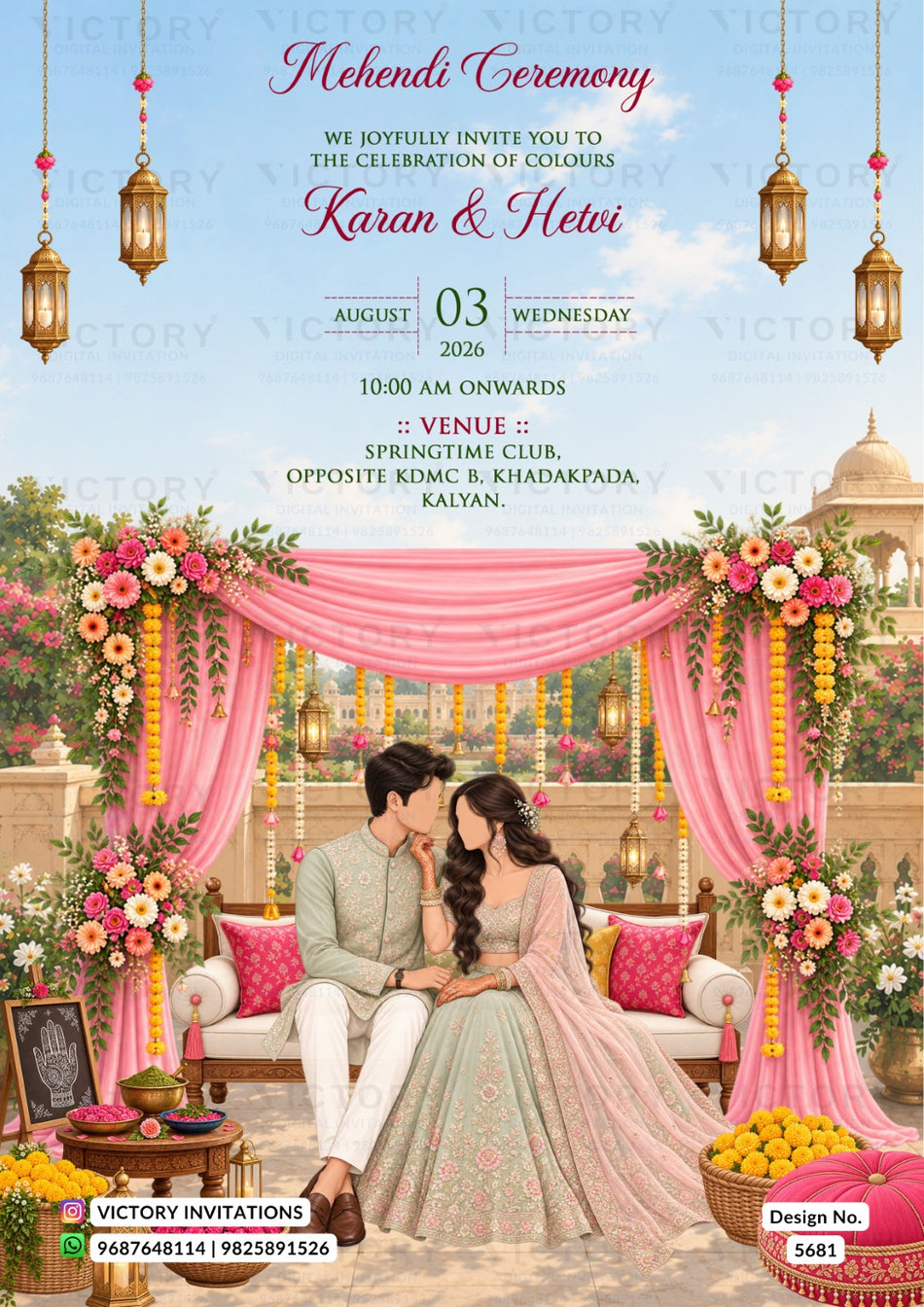 Mehendi ceremony invitation card in english language with Heritage Palace Terrace Mehendi theme design 5681