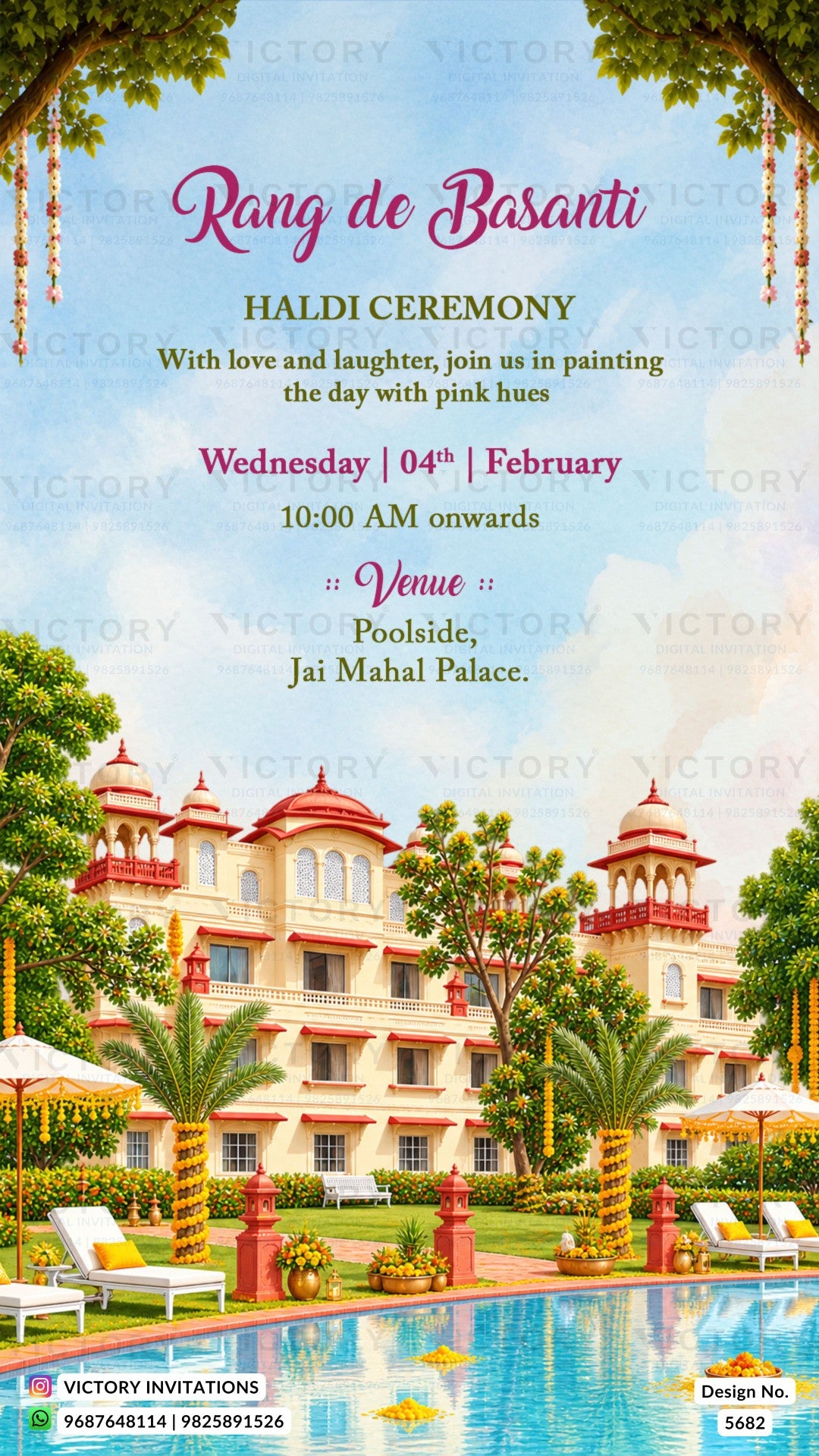 A festive wedding invitation card for 'Rang de Basanti' Haldi Ceremony, featuring a colorful illustration of a traditional Indian palace, lush green trees, and a swimming pool. The text details the event date, time, and venue.
