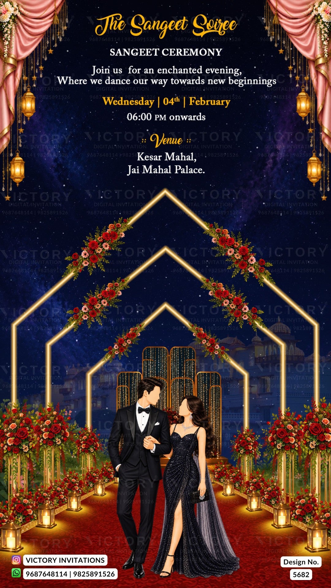 A digital invitation card design for a Sangeet Ceremony, featuring a romantic couple under a glowing archway decorated with red flowers, set against a dark blue city skyline at night. The text details the event at Venue # in Kesar Mahal, Jai Mahal Palace.