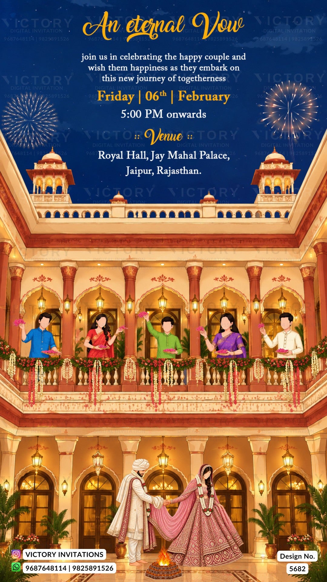A digital Indian wedding invitation card featuring a festive illustration of a grand palace balcony with dancing couples, a bride and groom under a lamp at the bottom, and elegant gold and white text on a dark blue background with fireworks.