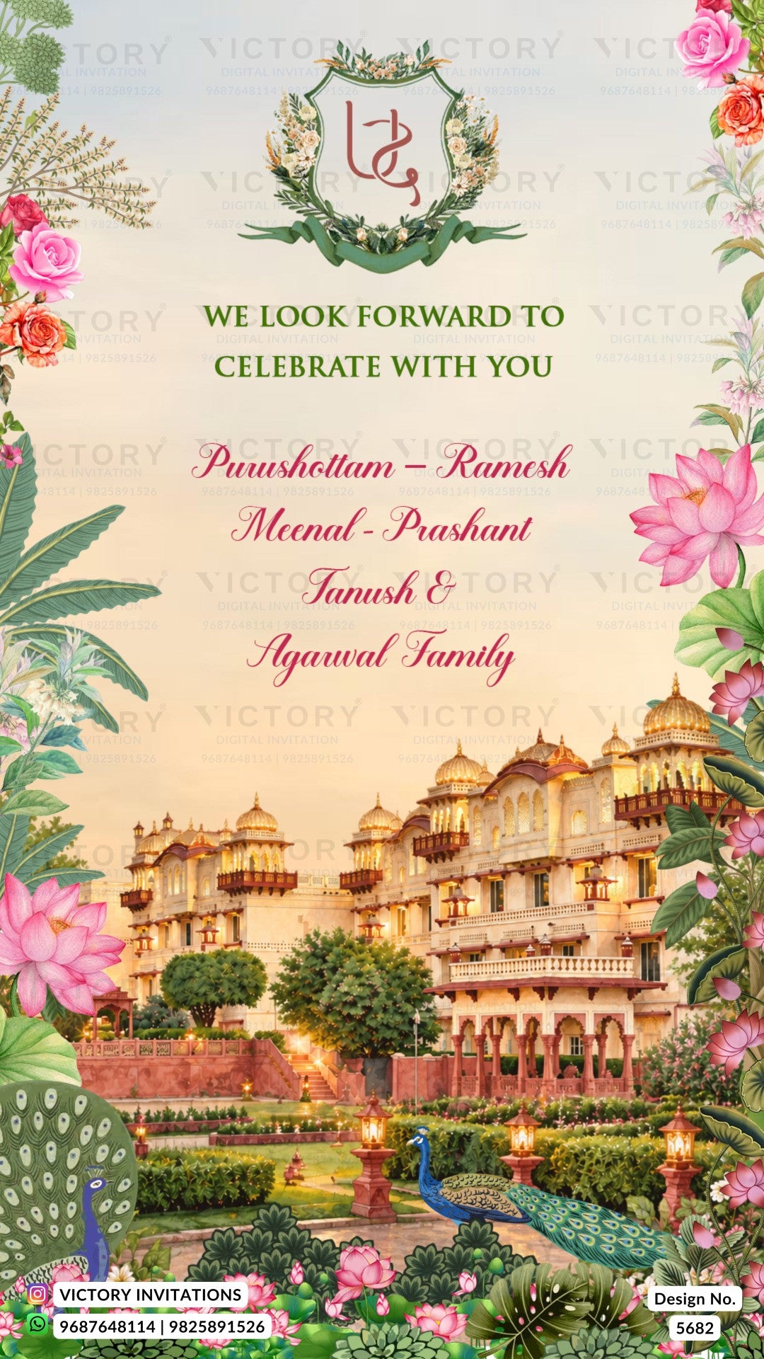 A festive wedding invitation card featuring a large Rajasthani-style palace, peacocks, pink lotus flowers, and green foliage. The central text reads 'WE LOOK FORWARD TO CELEBRATE WITH YOU' followed by the names of the married couple and their families, with a decorative crest at the top and 'VICTORY INVITATIONS' branding at the bottom.