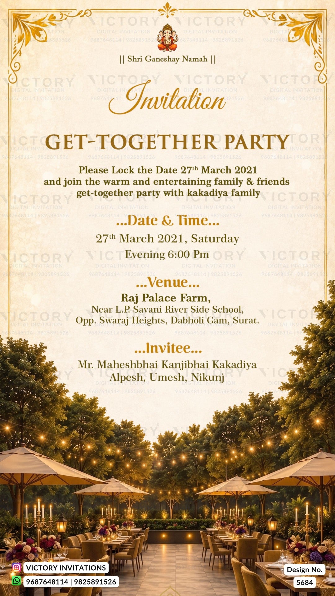 A digital invitation card for a get-together party, featuring a cream-colored top half with elegant gold and black text, and a bottom half depicting a warm outdoor evening scene at a resort venue with string lights and umbrellas. The brand 'Victory Invitations' is visible at the bottom.