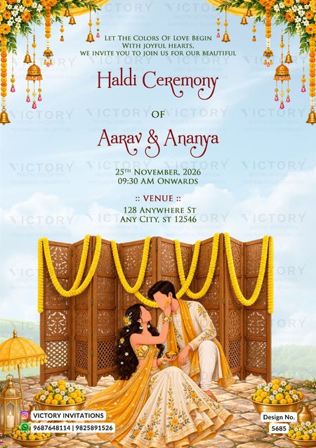 A digital Haldi Ceremony invitation card featuring a traditional Indian illustration of a couple in festive attire under yellow garlands, with event details written in elegant text and decorative hanging lamps at the top.