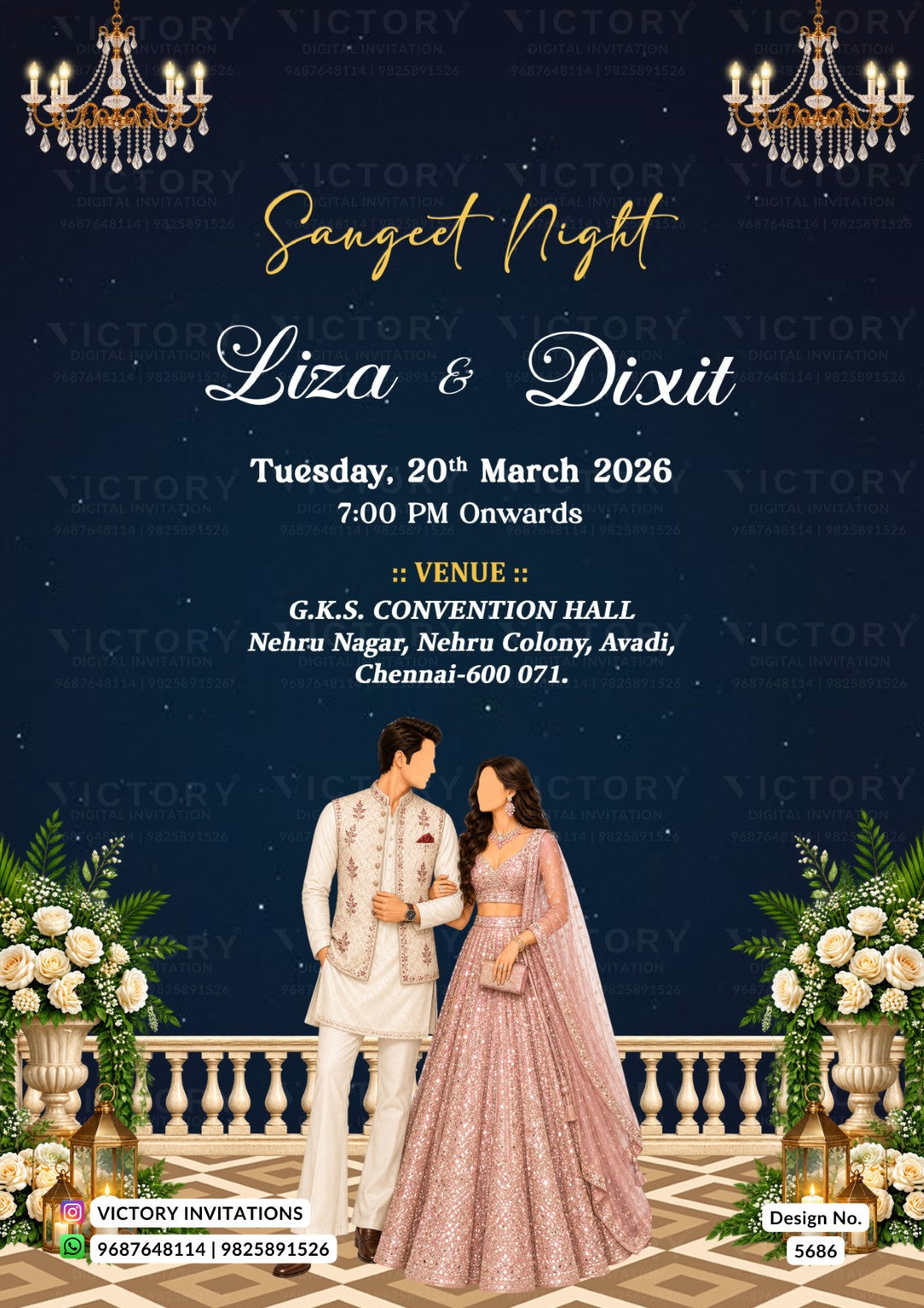 A digital invitation card for a 'Sanct Night' wedding event featuring a couple in traditional Indian attire on a balcony. The top half has elegant gold and white text on a dark navy blue starry background with chandelier illustrations.